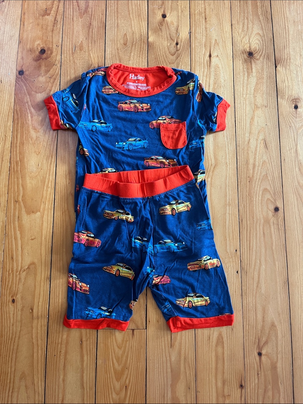Hatley Navy Blue Kids Car Print Pajama Set with Red Trim